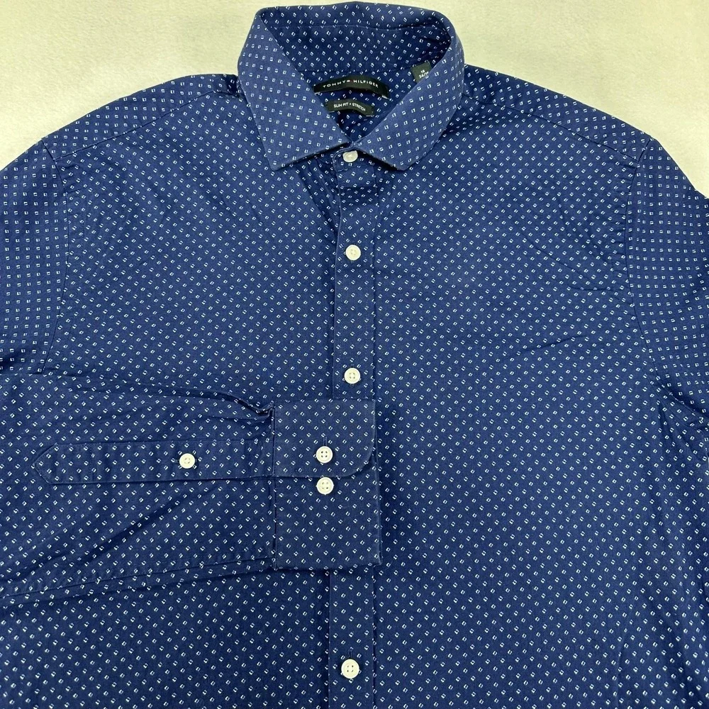 Tommy‎ Hilfiger Shirt Mens Large Blue Slim Fit Stretch Geometric Button Down